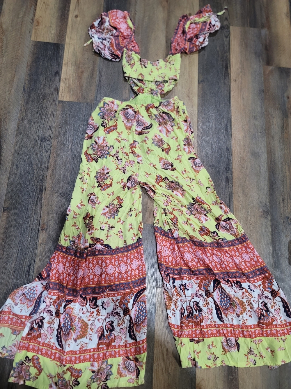 Free People Bali Jumper Lime Green Floral Cutout Wide Leg Jumpsuit XS EUC - Picture 12 of 14